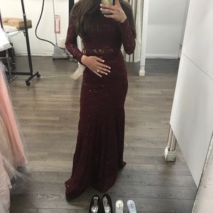 Burgandy bridesmaid sequin dress with back train